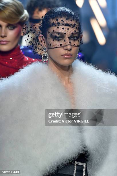 Model walks the runway during the Alexandre Vauthier Haute Couture Spring Summer 2018 show as part of Paris Fashion Week on January 23, 2018 in...