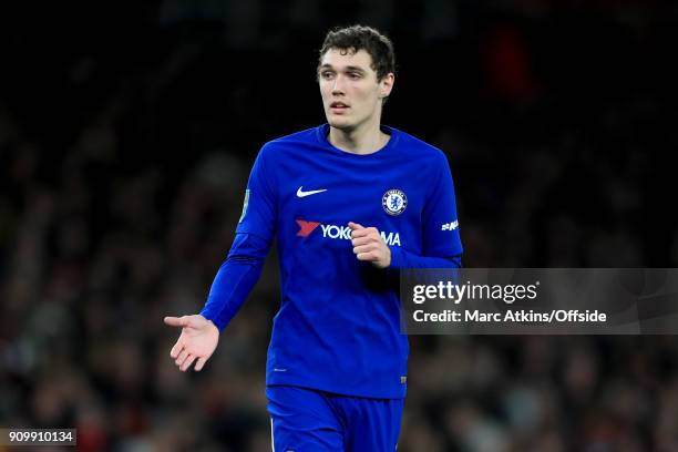 Andreas Christensen of Chelsea during the Carabao Cup Semi-Final 2nd leg match between Arsenal and Chelsea at Emirates Stadium on January 24, 2018 in...