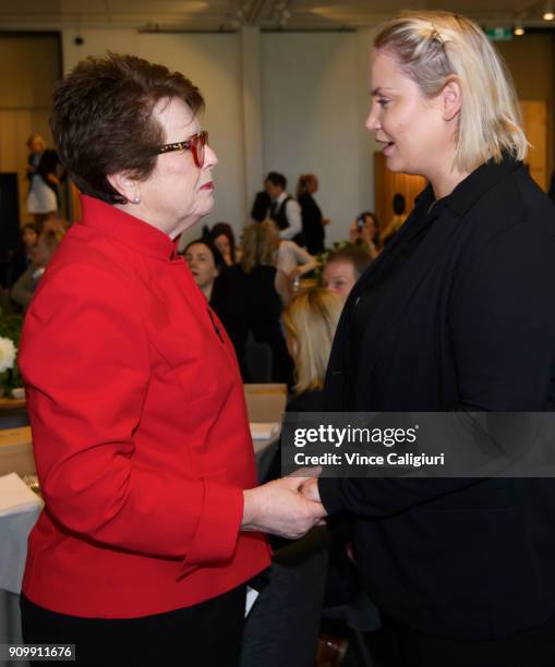 Billie Jean King of the USA and Jelena Dokic of Australia are seen at the AO Inspirational series brunch on day 11 of the 2018 Australian Open at...