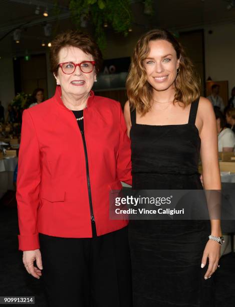 Billie Jean King of the USA and Australian actress Jessica McNamee pose for photo at the AO Inspirational series brunch on day 11 of the 2018...