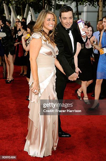 Personality Jimmy Fallon and producer Nancy Juvonen arrive at the 61st Primetime Emmy Awards held at the Nokia Theatre on September 20, 2009 in Los...