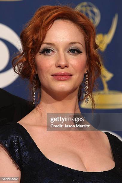 Actress Christina Hendricks poses in the press room after her show "Mad Men" won for Outstanding Drama Series at the 61st Primetime Emmy Awards held...