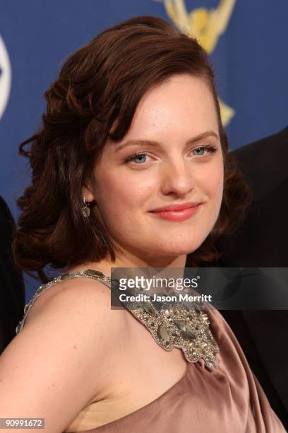 Actress Elisabeth Moss poses in the press room after her show "Mad Men" won for Outstanding Drama Series at the 61st Primetime Emmy Awards held at...