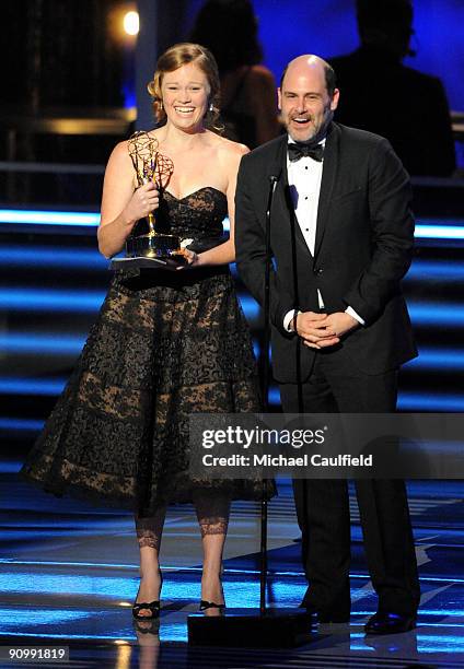 Writers Kater Gordon and Matthew Weiner accept the Outstanding Writing for a Comedy Series award for 'Madmen' onstage at the 61st Primetime Emmy...