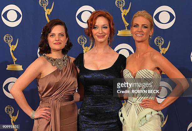 Actresses Elisabeth Moss, Christina Hendricks and January Jones from the TV show "Mad Men" in the press room after the show won the Best Drama series...