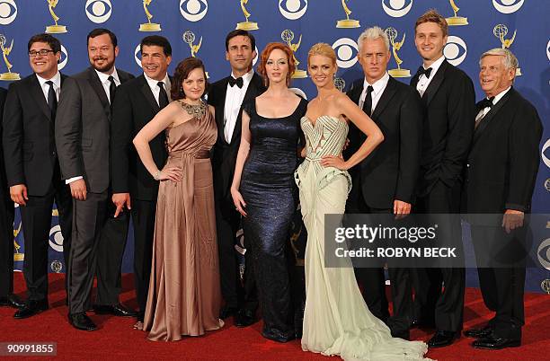 Cast and crew from the TV show "Mad Men" in the press room after the show won the Best Drama series award, during the 2009 Emmy Awards at the Nokia...