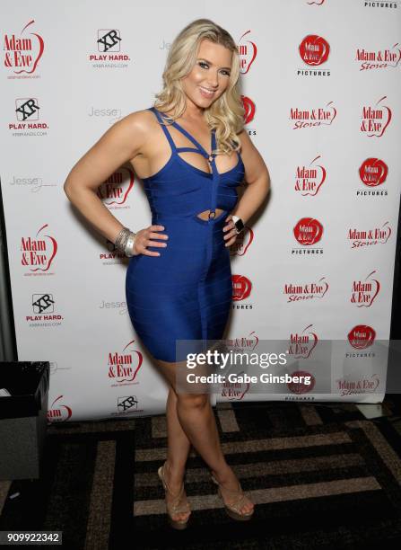 Adult film actress Anikka Albrite poses at the Adam & Eve booth during the 2018 AVN Adult Expo at the Hard Rock Hotel & Casino on January 24, 2018 in...