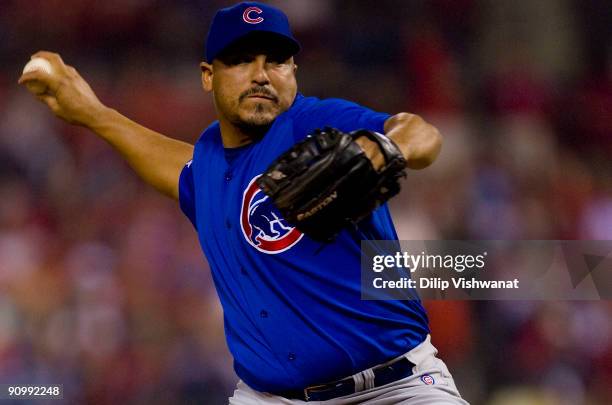 Starting pitcher Carlos Zambrano of the Chicago Cubs throws against the St. Louis Cardinals on September 20, 2009 at Busch Stadium in St. Louis,...