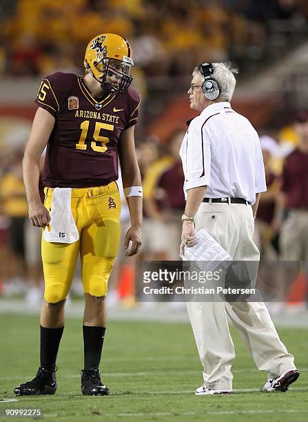 Quarterback Danny Sullivan talks with head coach Dennis Erickson of the Arizona State Sun Devils during the college football game against the...