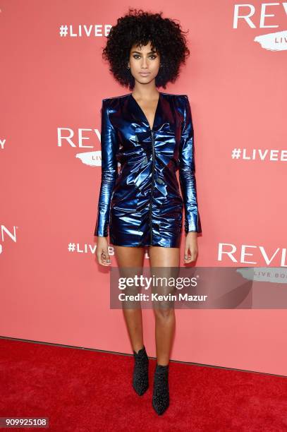 Model Imaan Hammam attends the Revlon Live Boldly launch event at Skylight Modern on January 24, 2018 in New York City.