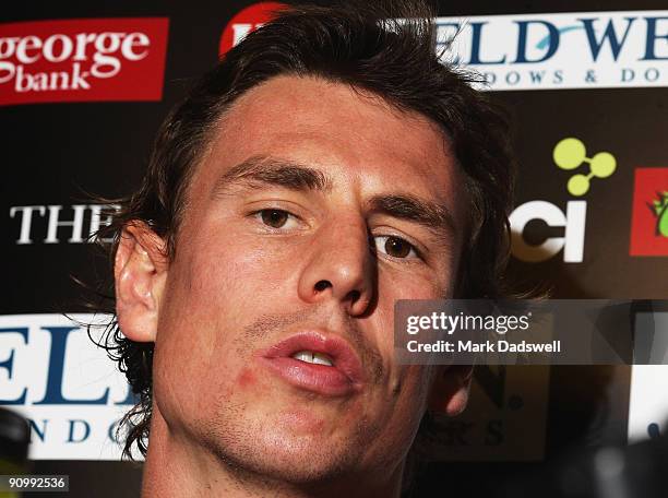 Justin Koschitzke of the Saints speaks with media during a St Kilda Saints AFL media session at Linen House Oval on September 21, 2009 in Melbourne,...