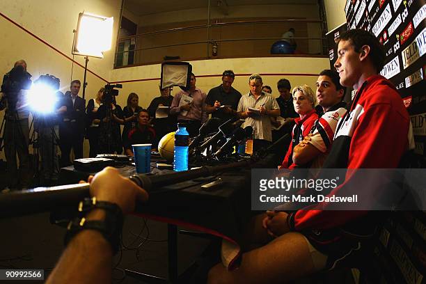 Clint Jones, Leigh Montagna and Jason Blake of the Saints speak with media during a St Kilda Saints AFL media session at Linen House Oval on...