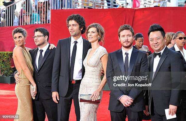 Actors Jaime-Lynn Sigler, Jerry Ferrara, Adrian Grenier, Perrey Reeves, Kevin Connolly and Rex Lee arrive at the 61st Primetime Emmy Awards held at...