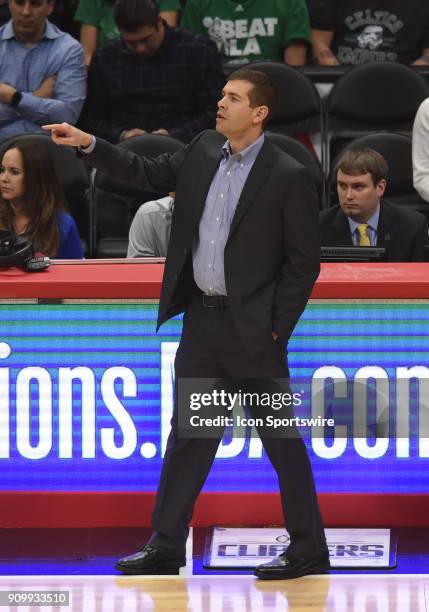 Celtics head coach Brad Stevens during an NBA game between the Boston Celtics and the Los Angeles Clippers on January 24, 2018 at STAPLES Center in...