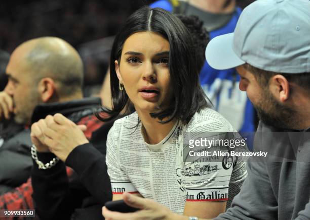 Model Kendall Jenner attends a basketball game between the Los Angeles Clippers and the Boston Celtics at Staples Center on January 24, 2018 in Los...