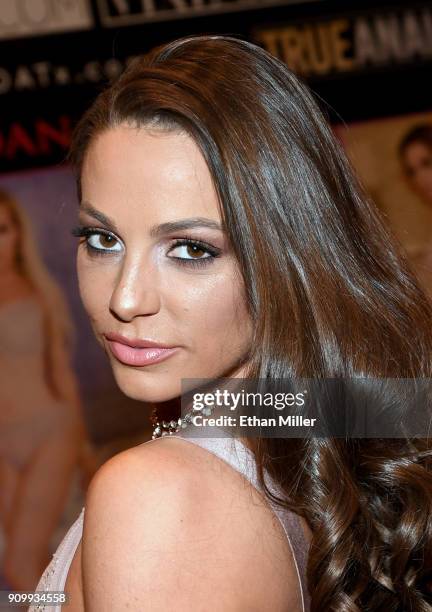 Adult film actress Abigail Mac poses at the Jules Jordan Video booth at the 2018 AVN Adult Entertainment Expo at the Hard Rock Hotel & Casino on...
