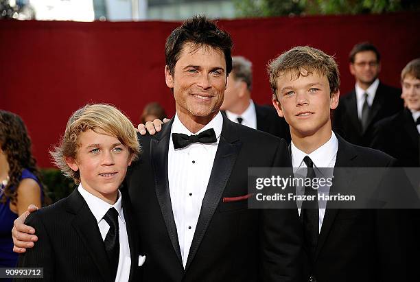 Actor Rob Lowe arrives with his sons, Matthew Edward Lowe and John Owen Lowe at the 61st Primetime Emmy Awards held at the Nokia Theatre on September...