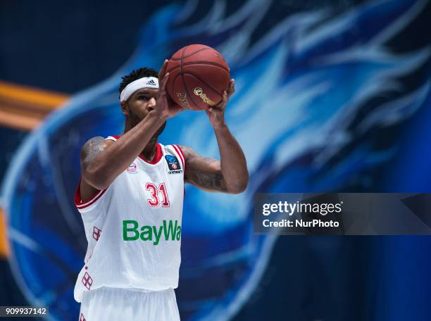 Munich's Devin Booker vies for the ball during the EuroCup Round 4 Top 16 basketball match between Zenit and Bayern Munich at the Yubileyni Arena in...