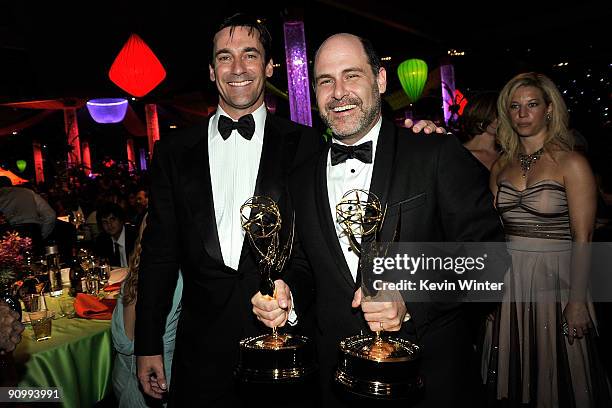 Actor Jon Hamm and creator/exectutive producer Matthew Weiner of 'Mad Men' attend the Governors Ball for the 61st Primetime Emmy Awards held at the...