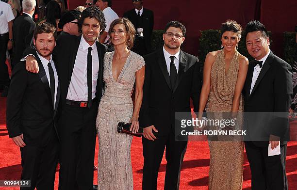 Cast members of the show "Entourage" Kevin Connolly, Adrian Grenier, Perrey Reeves, Jerry Ferrara, Jamie-Lynn Sigler and Rex Lee arrive for for the...