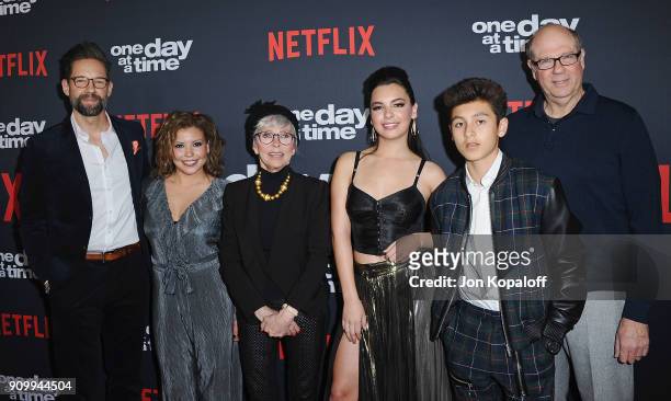 Actors Todd Grinnell, Justina Machado, Rita Moreno, Isabella Gomez, Marcel Ruiz and Stephen Tobolowsky attend the premiere of Netflix's "One Day At A...