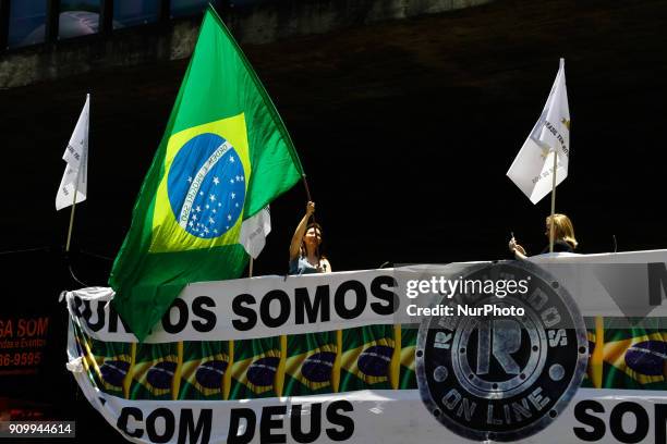 Protesters call for the conviction and arrest of former President Luiz Inacio Lula da Silva in a protest held in front of the São Paulo Museum of Art...