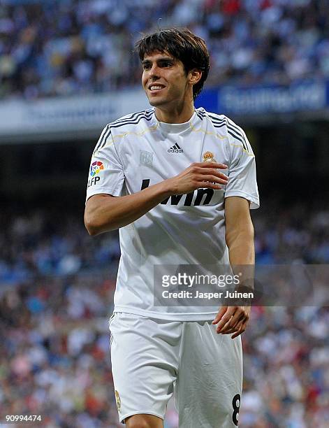 Kaka of Real Madrid reacts as he fails to score during the La Liga match between Real Madrid and Xerez at the Estadio Santiago Bernabeu on September...