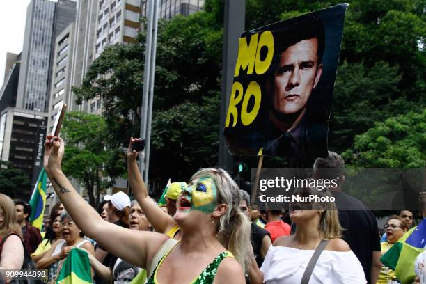 Protesters call for the conviction and arrest of former President Luiz Inacio Lula da Silva in a protest held in front of the São Paulo Museum of Art...