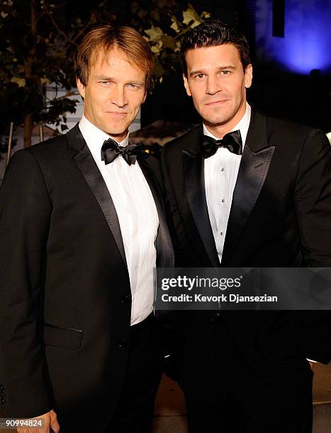 Actor Stephen Moyer and Actor David Boreanaz backstage at the 61st Primetime Emmy Awards held at the Nokia Theatre on September 20, 2009 in Los...