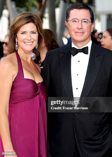Personality Stephen Colbert and wife Evelyn McGee Colbert arrive at the 61st Primetime Emmy Awards held at the Nokia Theatre on September 20, 2009 in...