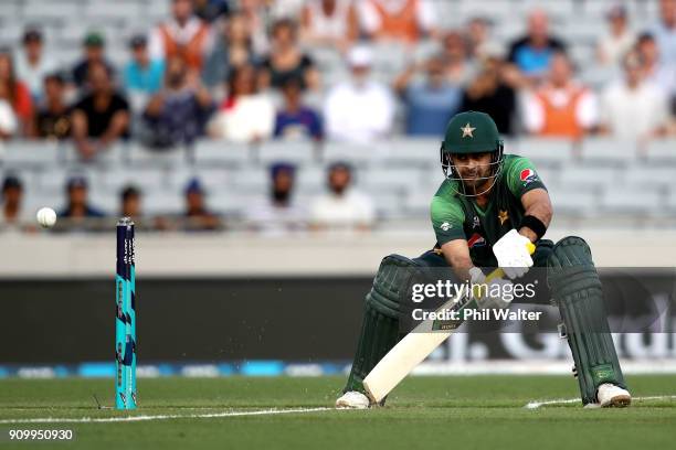 Ahmed Shehzad of Pakistan bats during the International Twenty20 match between New Zealand and Pakistan at Eden Park on January 25, 2018 in Auckland,...