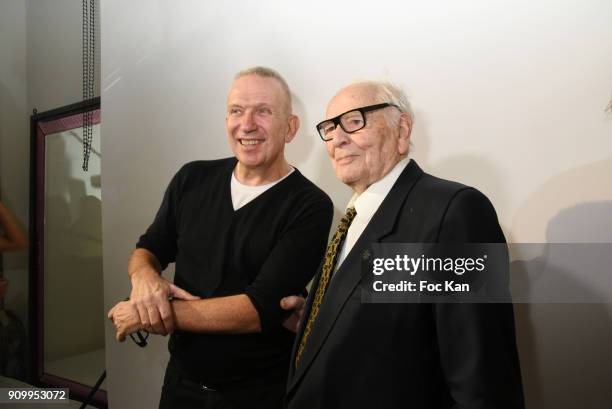 Fashion designers Jean-Paul Gaultier and Pierre Cardin attend the Jean-Paul Gaultier Haute Couture Spring Summer 2018 show as part of Paris Fashion...