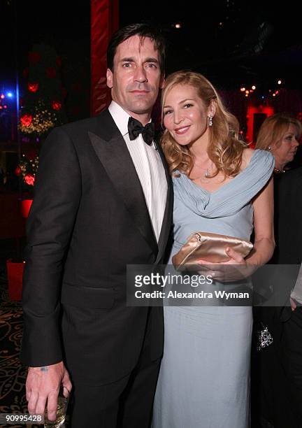 Actors Jon Hamm and Jennifer Westfeldt attend HBO's post Emmy Awards reception at the Pacific Design Center on September 20, 2009 in West Hollywood,...