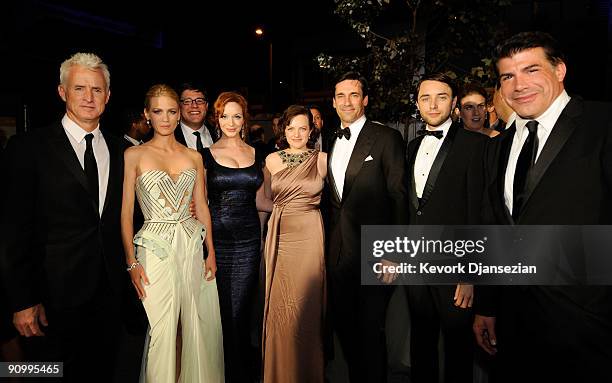 Actor John Slattery, January Jones, Christina Hendricks, Elisabeth Moss,Jon Hamm, Vincent Kartheiser and Bryan Batt pose backstage at the 61st...