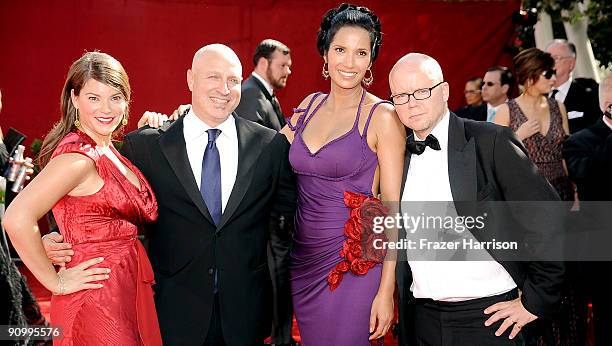 Personality Gail Simmons, chef Tom Colicchio, host Padma Lakshmi and critic Toby Young arrive at the 61st Primetime Emmy Awards held at the Nokia...