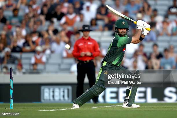 Ahmed Shehzad of Pakistan bats during the International Twenty20 match between New Zealand and Pakistan at Eden Park on January 25, 2018 in Auckland,...