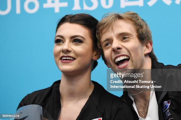 Kaitlin Hawayek and Jean-Luc Baker of the USA smile at kiss and cry after competeing in the ice dance free dance during day two of the Four...