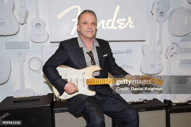 Musician Jimmie Vaughan introduces the Vaughan Brothers Set Fender Stratocaster guitar at the Fender Custom Shop VIP Party at Anaheim Convention...