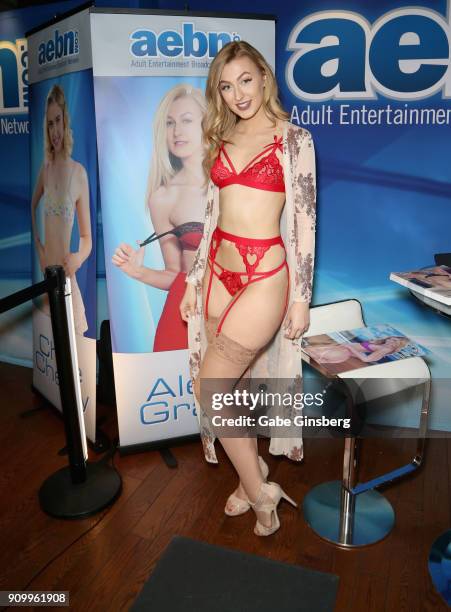 Adult film actress Alexa Grace poses at the Adult Entertainment Broadcast Network booth at the 2018 AVN Adult Entertainment Expo at The Joint inside...