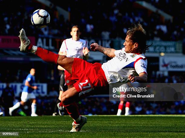 Michel Salgado of Blackburn Rovers clears the ball during the Barclays Premier League match between Everton and Blackburn Rovers at Goodison Park on...