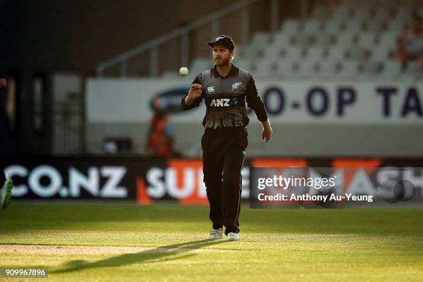 Kane Williamson of New Zealand looks on during the International Twenty20 match between New Zealand and Pakistan at Eden Park on January 25, 2018 in...