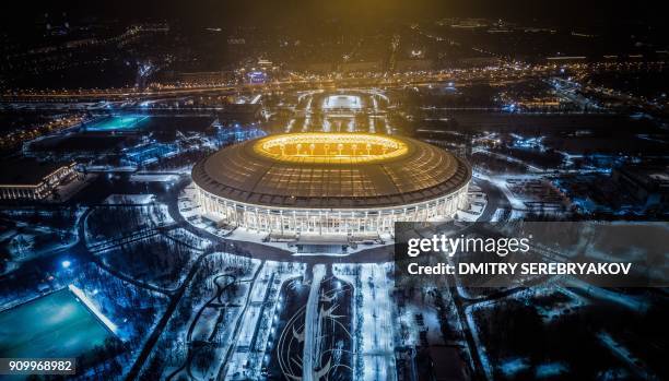 An aerial view shows Luzhniki Stadium in Moscow on January 24, 2018. - Luzhniki Stadium will host seven matches including the final of the 2018 FIFA...