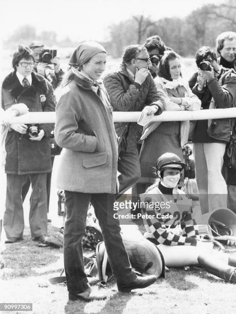Princess Anne at the Badminton horse trials, Gloucestershire, 14th April 1977. The princess has temporarily given up competitive riding as she is...