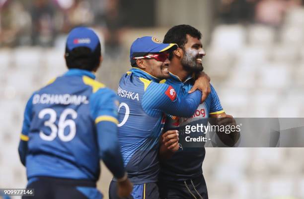 Sri Lanka Cricketer Thisara Perera celebrates after dismissal of Bangladeshi batsman Sabbir Rahman during the sixth One Day International match in...
