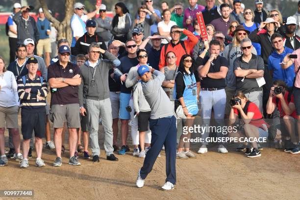 Sergio Garcia of Spain takes a shot during the round one of the Dubai Desert Classic Golf Championship, at the Emirates Golf Club in Dubai on January...