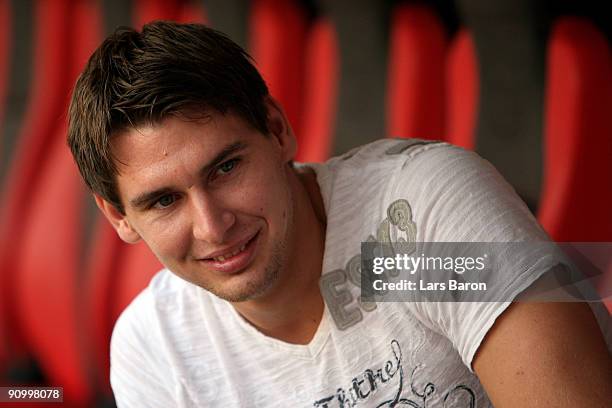 Injured player Patrick Helmes of Leverkusen smiles prior to the Bundesliga match between Bayer Leverkusen and Werder Bremen at BayArena on September...