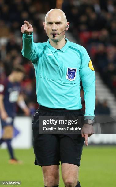 Referee Antony Gautier during the French National Cup match between Paris Saint Germain and En Avant Guingamp at Parc des Princes on January 24, 2018...