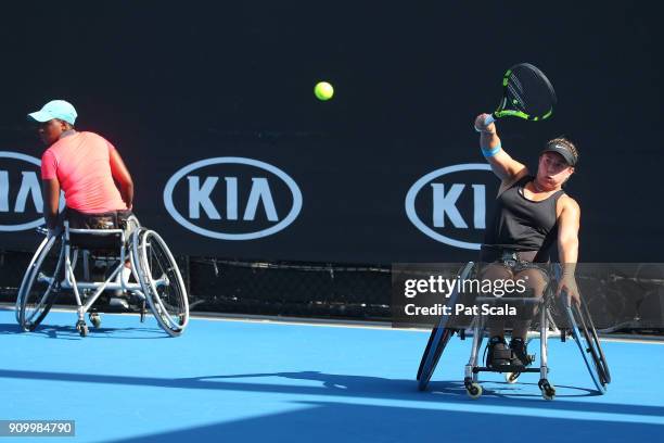 Kgothatso Montjane of South Africa and Lucy Shuker of Great Britain compete in the Women's Wheelchair Doubles semi-final match against Buis Marjolein...