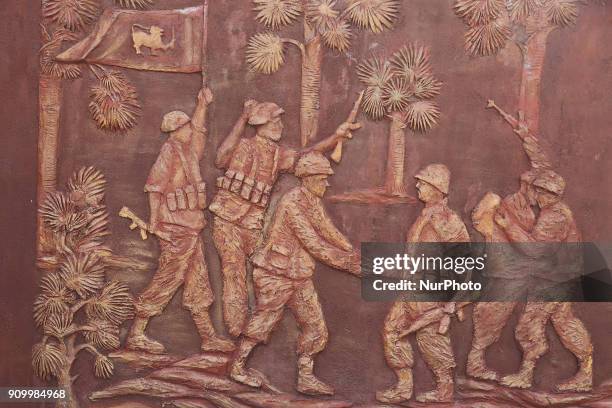 Relief of a war scene on the Elephant Pass War Memorial located at the Elephant Pass, Northern Province, Sri Lanka. This memorial depicts huge bronze...