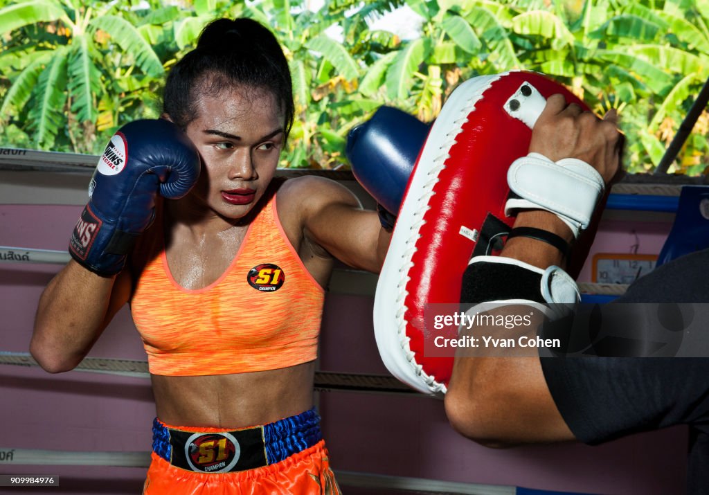 Thai transgender boxer Nong Rose sparring at the Ban...